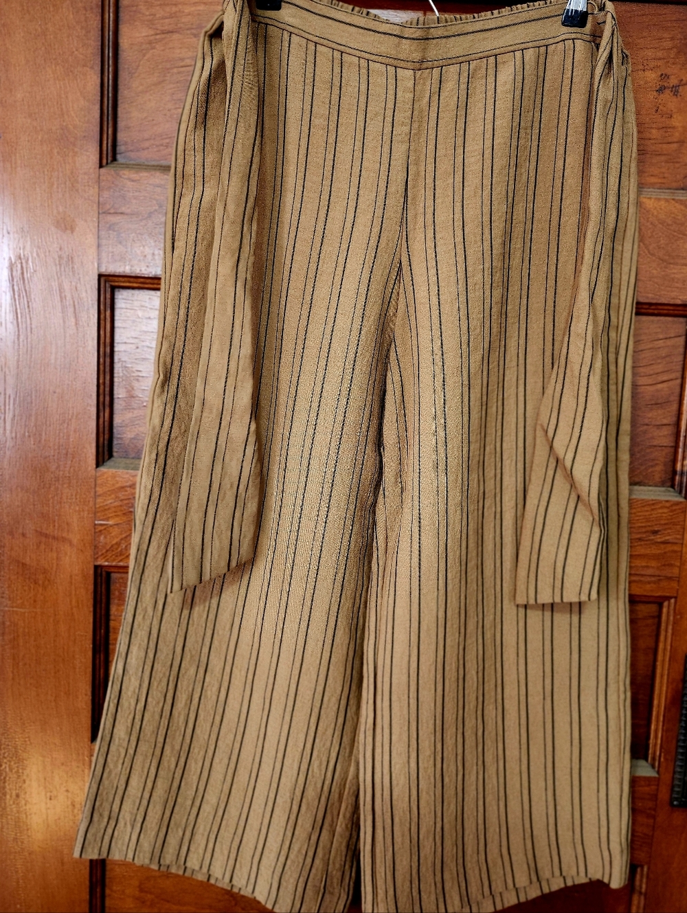 Calvin Klein Striped Wide-Leg Trousers in Camel with Black Pinstripes